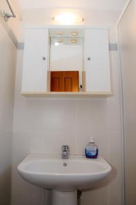 a bathroom sink with a mirror and a bottle of soap at Nefeli in Levidi