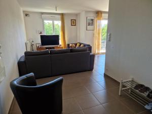 un salon avec deux canapés et une télévision dans l'établissement Magnifique appartement, à Prévessin-Moëns