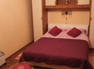 a bedroom with a large bed with two red pillows at Rooms Zeko in Aljmaš