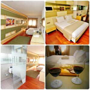 a collage of four pictures of a hotel room with a bed and wine glasses at Eternity Boutique Hotel in Istanbul