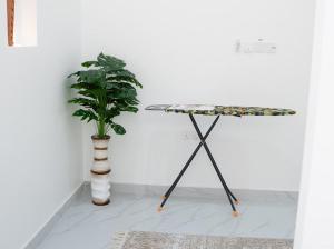 a table and a potted plant in a room at Lateen Chalet - شاليه لتين in Nizwa