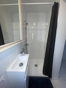 a white bathroom with a sink and a shower at Domaine Maud-Jardin de Maud ! 100m plage in Saint-Pierre