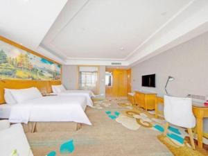 中山市にあるVienna Hotel Guangdong Zhongshan Ancient Town Haizhouのベッド2台とテレビがあるホテルの部屋