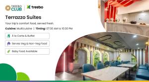 Treebo Terrazzo Suites في أحمد آباد: شاشة مطعم مع طاولة وكراسي