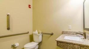 a bathroom with a toilet and a sink at AmericInn by Wyndham Oshkosh in Oshkosh +20 photos
