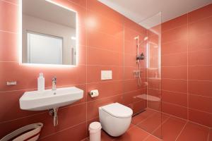 un bagno con un water, un lavandino e uno specchio di Internesto Brno HUB a Brno Altre 10 foto