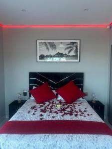 ein Schlafzimmer mit einem großen Bett mit roten Kissen in der Unterkunft Kys Place in Durban
