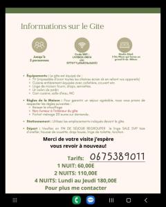 Certifikát, hodnocení, plakát nebo jiný dokument vystavený v ubytování À la campagne, studio 25m2-pour 2 personnes, calme, wifi, jardin, parking