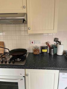 a kitchen counter with a frying pan on a stove at Cosy 1 bedroom flat Oxford in Oxford