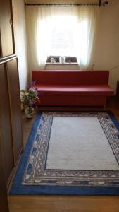 a living room with a red couch and a rug at Monteurhaus Villa Rotter in Altenstadt an der Waldnaab