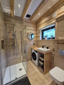 a bathroom with a shower and a toilet and a sink at Luisówka - majestatyczny domek z jacuzzi in Stronie Śląskie