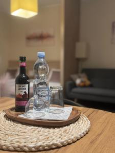 a tray with two bottles and glasses on a table at Apartament Wojskowa 3 in Poznań