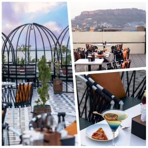 un collage de fotos de un restaurante con mesa y comida en Hotel Galaxy, en Jodhpur