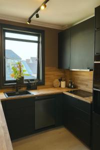 a kitchen with black cabinets and a window at A Place To Stay Stavanger, apartment 6 in Stavanger