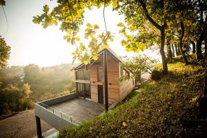 a small wooden cabin on a hill with trees at Apartment Oton Reya in Dobrovo