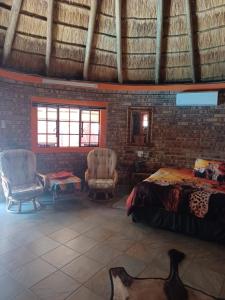 ein Schlafzimmer mit einem Bett und einem Hund in einem Zimmer in der Unterkunft Sunbirds at Kruger in Marloth Park