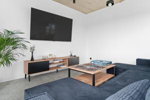 a living room with a couch and a tv at Jack Apartments- Kamień Śląski in Kamień Śląski