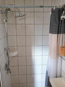 a bathroom with a shower with a shower curtain at Maison de Village au pied des montagnes in Randens +23 photos