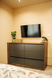 a flat screen tv sitting on top of a dresser at Zsizell Lux Apartman in Kanjiža +7 photos