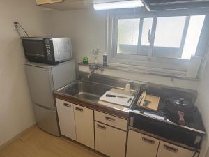 御殿場市にあるFUJI Forest House203のシンクと電子レンジ付きのキッチン