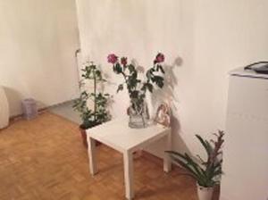 バーゼルにあるSchöne Suite in der City of Baselの花瓶付きのテーブルが備わる部屋