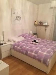 eine Katze auf einem Bett in einem Schlafzimmer in der Unterkunft Schöne Suite in der City of Basel in Basel