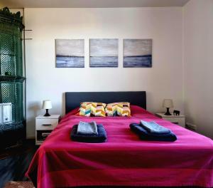 1 dormitorio con 1 cama roja grande y 2 almohadas en Pispalan Helmi - Koti Näköalalla, en Tampere