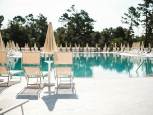 a group of chairs and umbrellas next to a pool at Zaton Holiday Resort in Nin