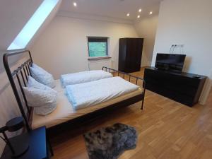 ein Schlafzimmer mit einem Bett, einer Kommode und einem Fernseher in der Unterkunft Ferienwohnung Beim Schorsch in Schannenbach