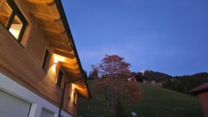 Un edificio con luces en el costado. en Appartement Oberschernthann, en Hopfgarten im Brixental