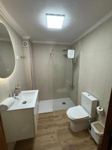 a bathroom with a toilet and a sink and a shower at Homely Apartments Mar 3 in Torrevieja