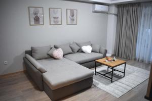 een woonkamer met een bank en een tafel bij WRW Airport Residence in Otopeni +27 foto's