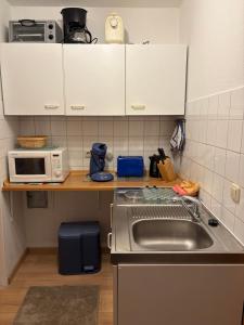 une cuisine avec un évier et un micro-ondes dans l'établissement Monteurwohnung, Ferienwohnung Langenfeld, à Winkel