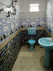 ein Badezimmer mit einem blauen WC und einem Waschbecken in der Unterkunft Nuwara eliya rashini mountain view cottage in Nuwara Eliya