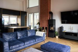 WierzchlesieにあるRezydencja Wierzchlesieの青いソファと暖炉のあるリビングルーム +79枚の写真