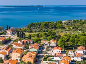 une vue aérienne d'une petite ville au bord de l'eau dans l'établissement Villa Palatium III in Fažana for 8 people only 200 meters from the sea with sauna & indoor-outside heated pool, à Fažana