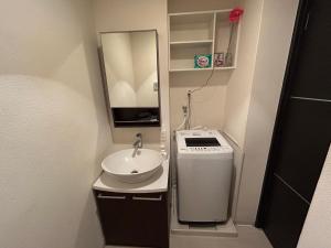 a small bathroom with a sink and a mirror at Guest House Ogusu INN in Fukuoka