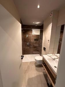 ein Badezimmer mit Dusche, Toilette und Waschbecken in der Unterkunft Alpine Eden Hideaway in Râșnov + 8 Fotos