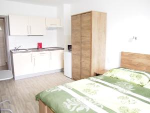 a small bedroom with a bed and a kitchen at Apartmány Relax in Ladná