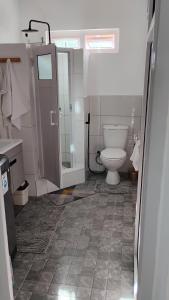 ein Badezimmer mit Toilette und Dusche in der Unterkunft Bella Melody's Paradise in Flic-en-Flac