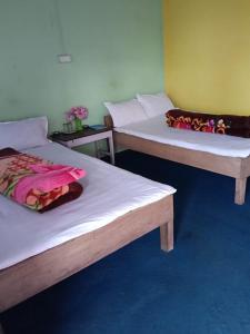 two beds sitting in a room with blue carpet at Brookland Stays in Pedong