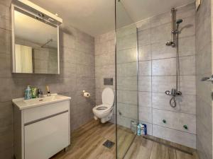 a bathroom with a toilet and a glass shower at Durmitor Glamp in Žabljak