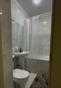 une salle de bain avec toilettes, lavabo et baignoire dans l'établissement 2х-ком апартаменты в центре города Kvant, à Petropavlovsk-Kamtchatski