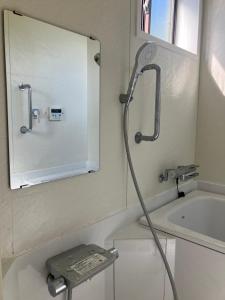 a shower in a bathroom with a mirror and a sink at お宿イヌとネコと in Shima +33 photos