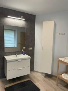 een badkamer met een wastafel en een spiegel bij L'évasion in Bouillon +27 foto's