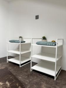 una libreria bianca con due cuscini sopra di Appartement loft proche frontières a Longlaville