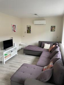 een woonkamer met een bank en een tv bij L'évasion in Bouillon