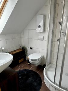 a bathroom with a toilet and a sink and a shower at Gemütliche, frisch renovierte Monteur-& Ferienwohnung in Egeln in Egeln