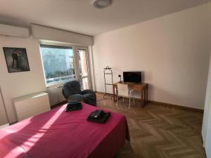 una habitación con una cama, un escritorio y un televisor en Bagaini Urban Flat, en Varese