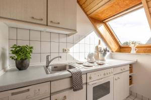 une cuisine avec un évier et une fenêtre dans l'établissement Apfel, à Westermarkelsdorf